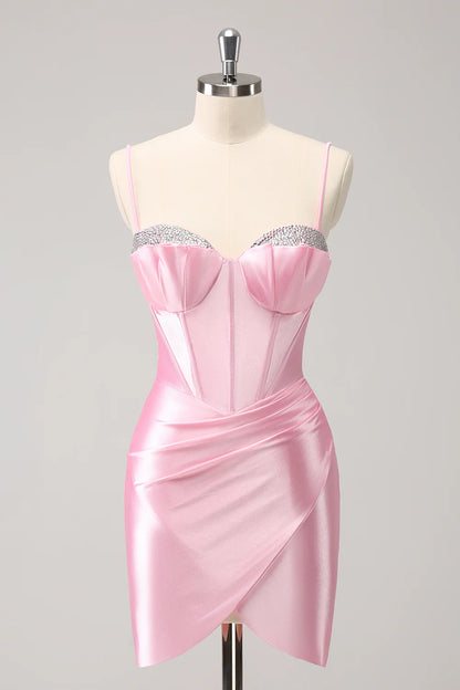 Pink Tight Spaghetti Straps Corset Pleated Short Homecoming Dress