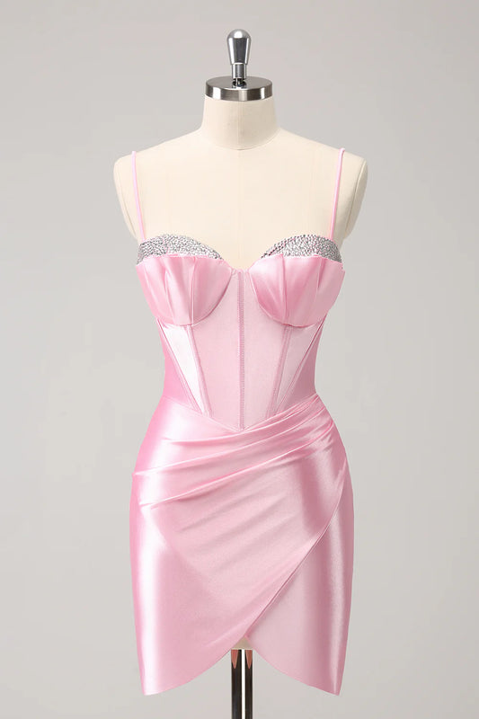 Pink Tight Spaghetti Straps Corset Pleated Short Homecoming Dress