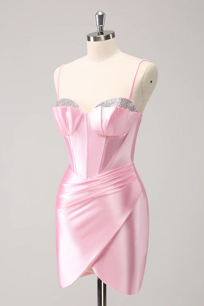 Pink Tight Spaghetti Straps Corset Pleated Short Homecoming Dress