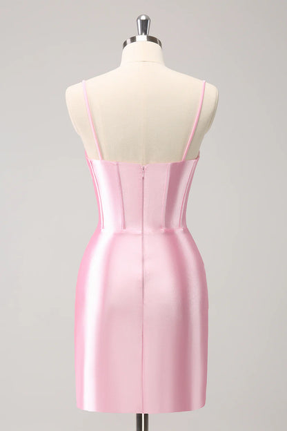 Pink Tight Spaghetti Straps Corset Pleated Short Homecoming Dress