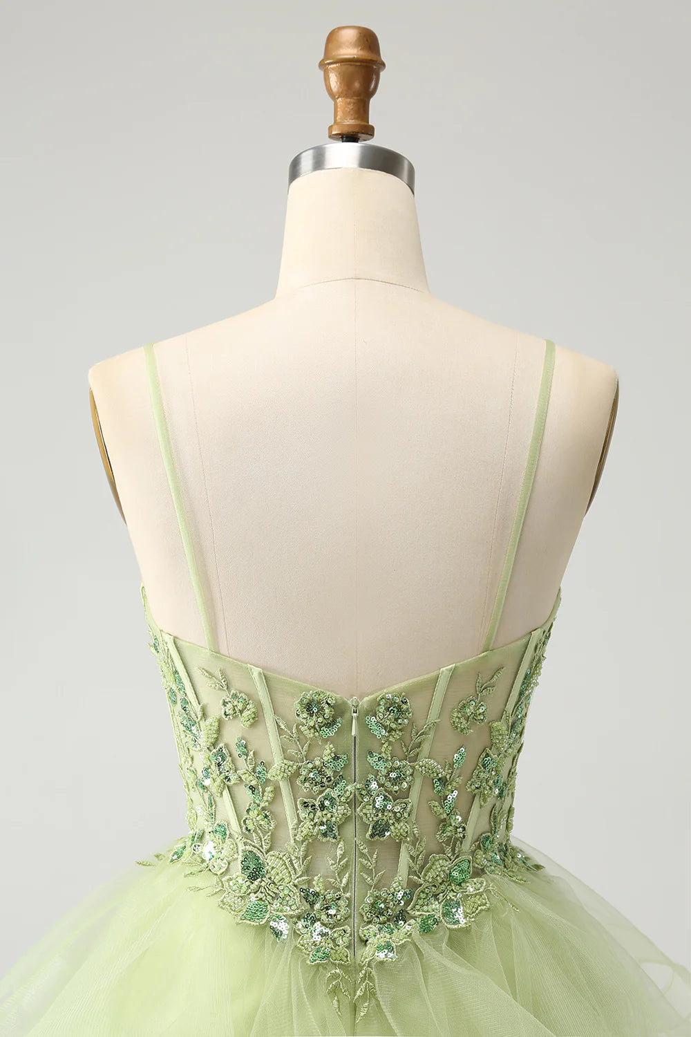 Light Green A Line Spaghetti Straps Corset Short Tiered Homecoming Dress