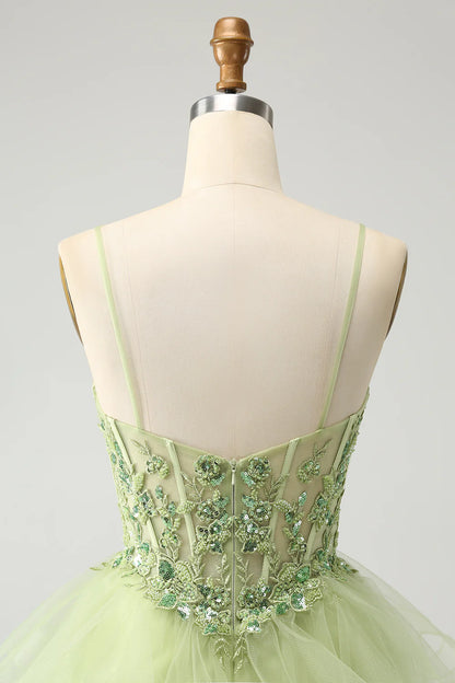 Light Green A Line Spaghetti Straps Corset Short Tiered Homecoming Dress