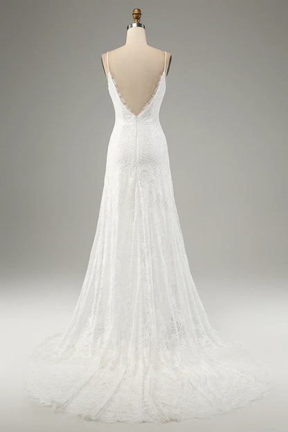 Ivory Mermaid Lace Spaghetti Straps Wedding Dress