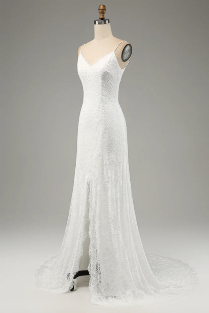 Ivory Mermaid Lace Spaghetti Straps Wedding Dress