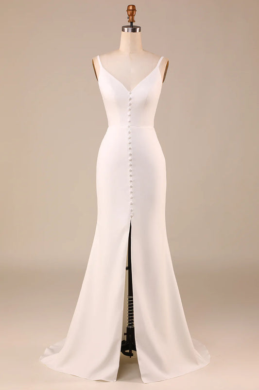 Ivory Mermaid Backless Long Wedding Dress with Slit