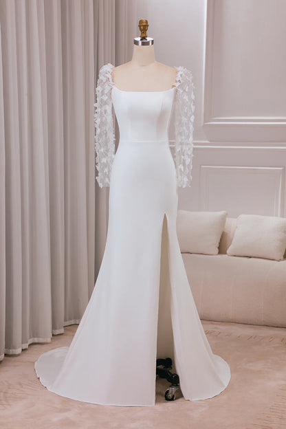 Trumpet Sweep Train Long Sleeves Bridal Dress with 3D Appliques