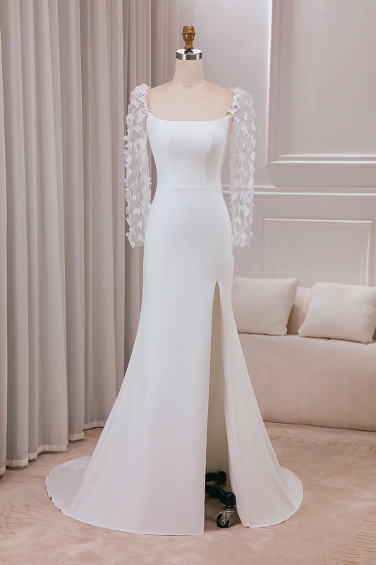 Trumpet Sweep Train Long Sleeves Bridal Dress with 3D Appliques