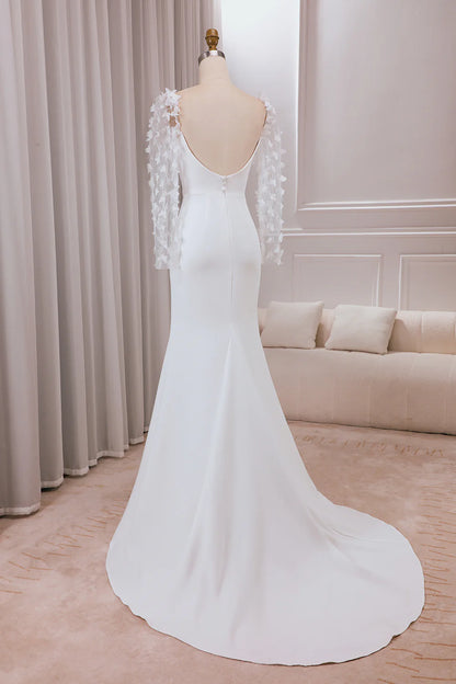 Trumpet Sweep Train Long Sleeves Bridal Dress with 3D Appliques