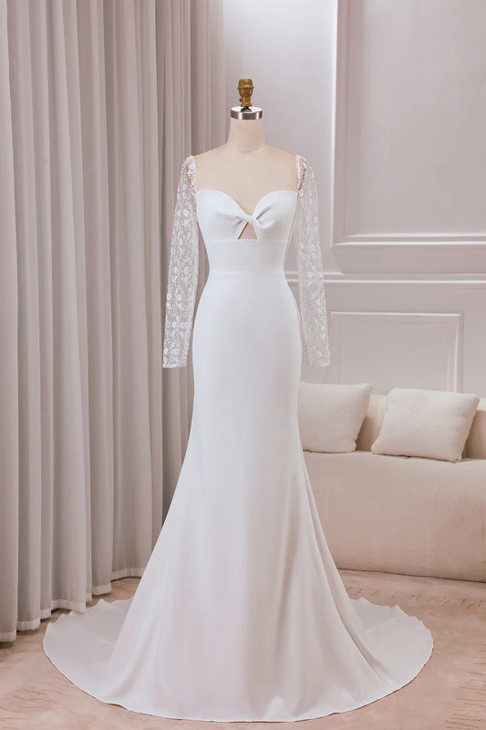 Trumpet Sweetheart Neck Satin Bridal Dress with Lace Long Sleeves
