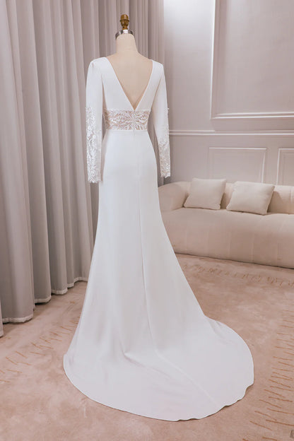 V-neck Long Sleeves Crepe and Lace Mermaid Bridal Dress