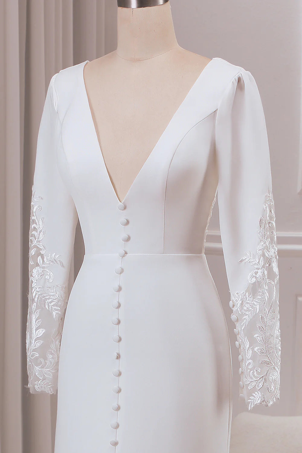 V-neck Long Sleeves Crepe and Lace Mermaid Bridal Dress