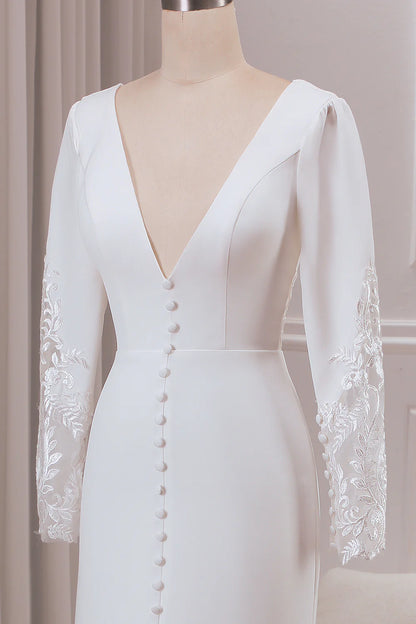 V-neck Long Sleeves Crepe and Lace Mermaid Bridal Dress