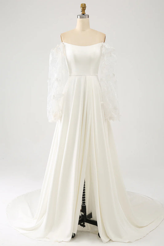 A Line Long Chiffon Wedding Dress With 3D Butterflies Long
