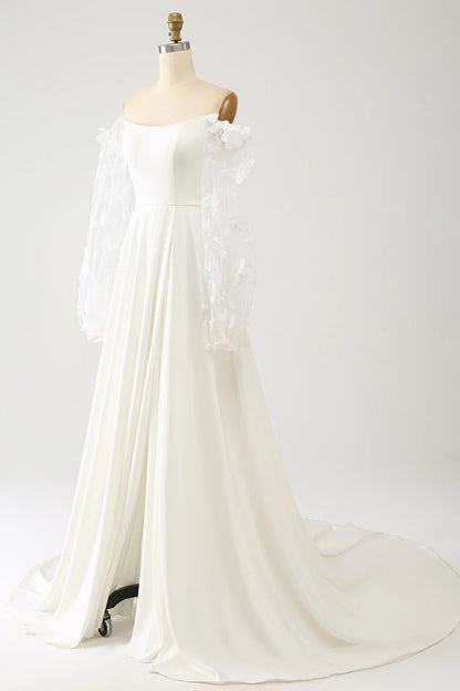 A Line Long Chiffon Wedding Dress With 3D Butterflies Long