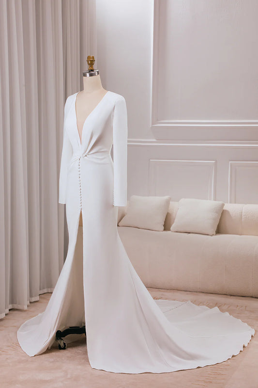 V-neck Long Sleeves Crepe Mermaid Wedding Dress with Front Slit