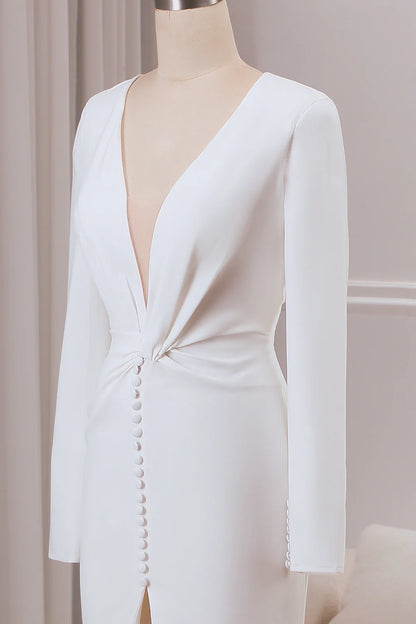 V-neck Long Sleeves Crepe Mermaid Wedding Dress with Front Slit