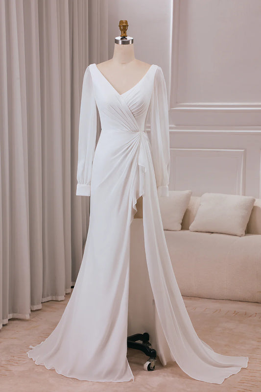 V-neck Long Sleeves A-line Chiffon Bridal Dress