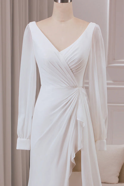V-neck Long Sleeves A-line Chiffon Bridal Dress