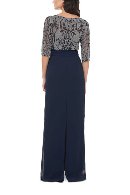 Collections Boat Neck 3/4 Sleeve Embroidered Illusion Bodice Draped Front Pleated Waist Zipper Back Crepe Long Mother of the Bride Dresses ﻿