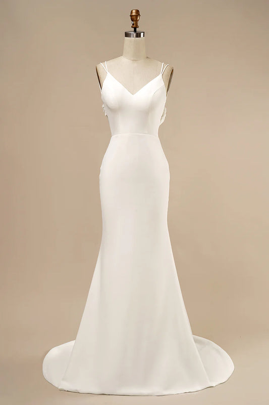 White Mermaid Boho Wedding Dress with Ruffles