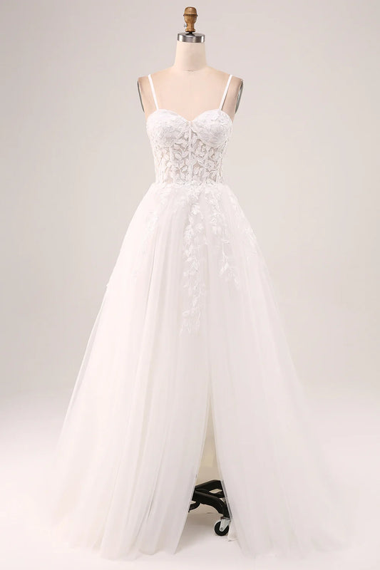 A-Line Spaghetti Straps Corset Lace Tulle Long Wedding Dress