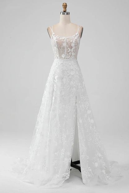 A Line Spaghetti Straps Applique Lace Corset Wedding Dress