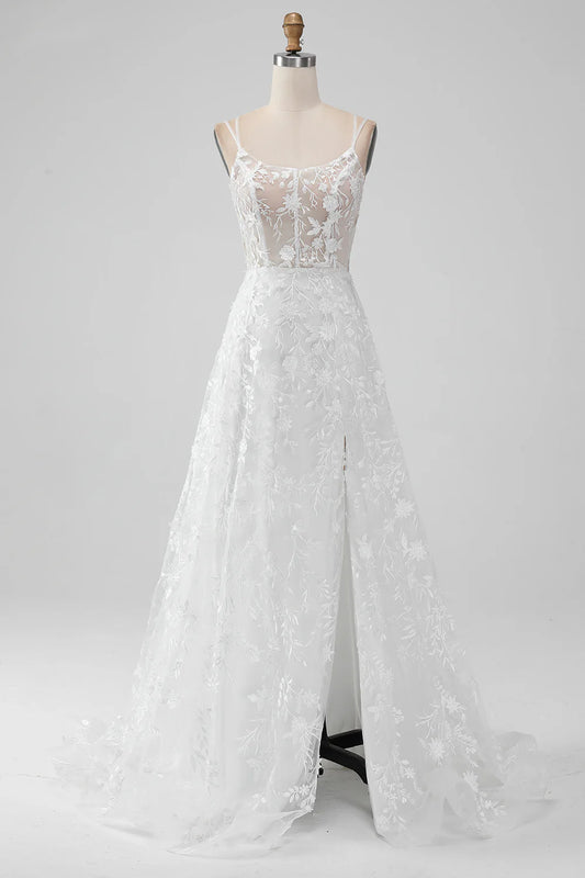 A Line Spaghetti Straps Applique Lace Corset Wedding Dress
