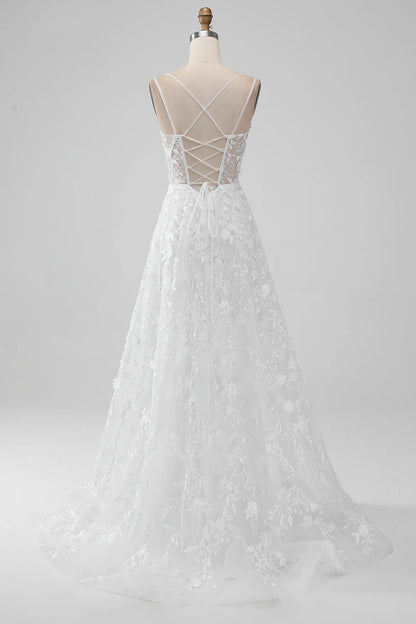 A Line Spaghetti Straps Applique Lace Corset Wedding Dress