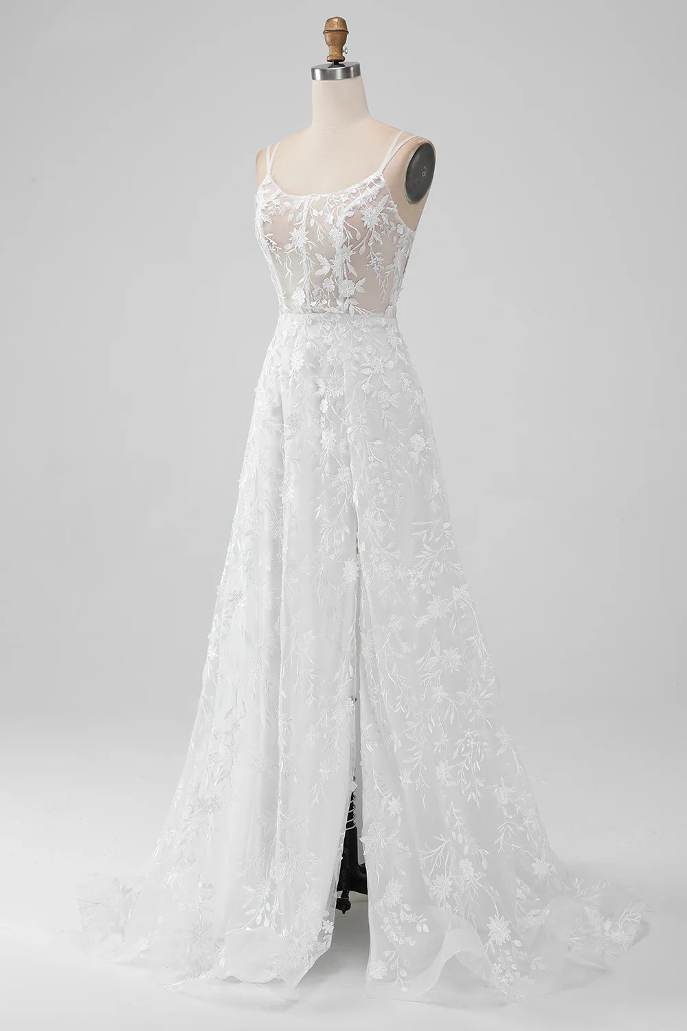 A Line Spaghetti Straps Applique Lace Corset Wedding Dress