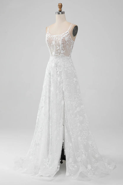 A Line Spaghetti Straps Applique Lace Corset Wedding Dress