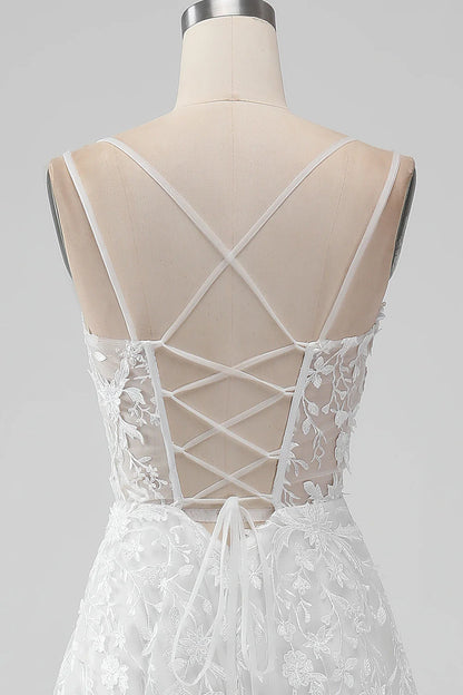 A Line Spaghetti Straps Applique Lace Corset Wedding Dress