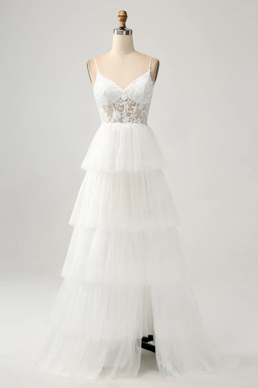 A-Line Tulle Tiered Corset Long Wedding Dress with Slit