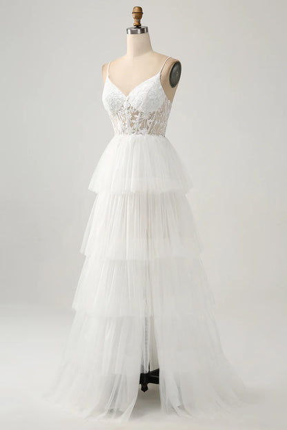 A-Line Tulle Tiered Corset Long Wedding Dress with Slit