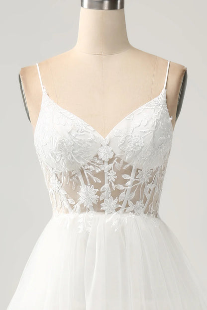 A-Line Tulle Tiered Corset Long Wedding Dress with Slit