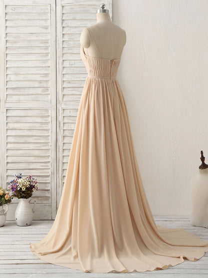 Champagne Long Prom Dresses V Neck Chiffon Bridesmaid Dress