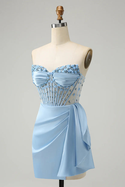 Blue Bodycon Sweetheart Pleated Corset Short Homecoming Dress