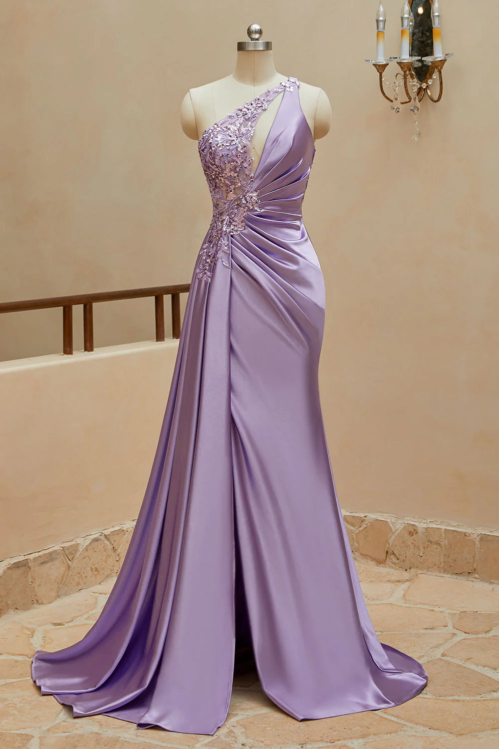 Sexy Mermaid Satin One Shoulder Beaded Ball Dress Sweeps Over the hem