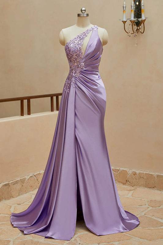 Sexy Mermaid Satin One Shoulder Beaded Ball Dress Sweeps Over the hem