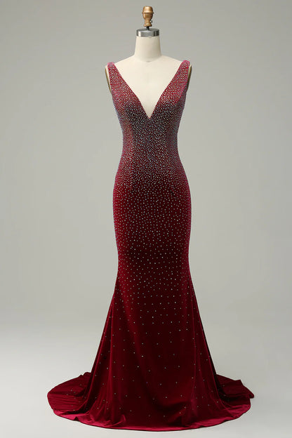 Sexy and elegant deep V-neck Burgundy long ball dress with beads