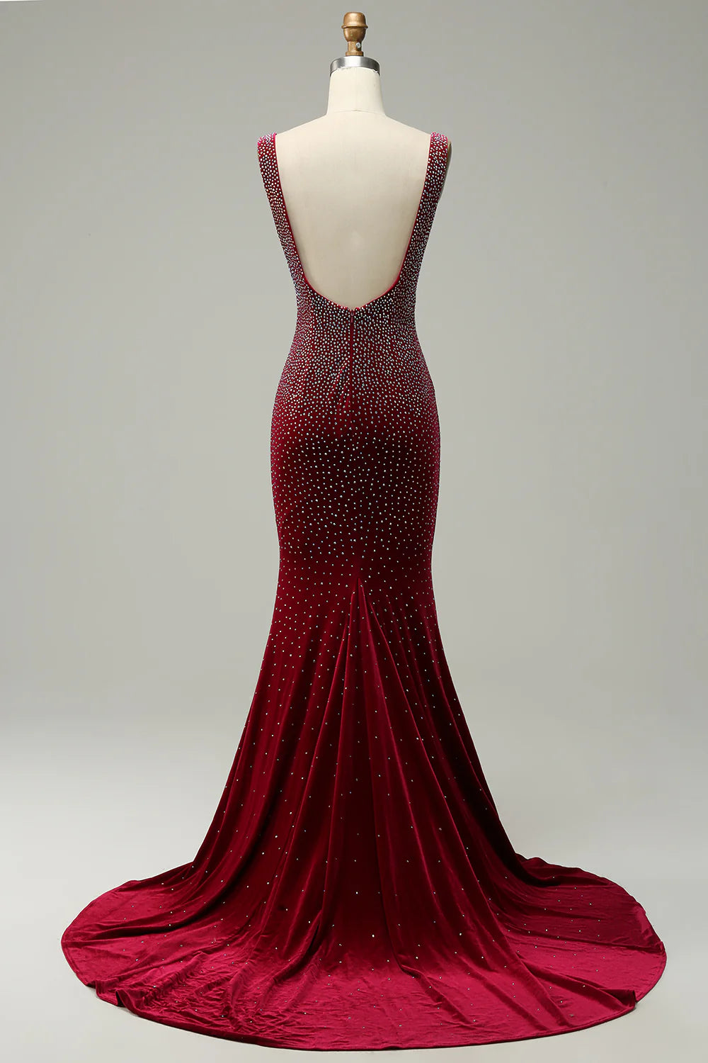 Sexy and elegant deep V-neck Burgundy long ball dress with beads