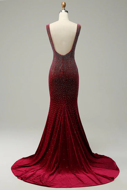 Sexy and elegant deep V-neck Burgundy long ball dress with beads