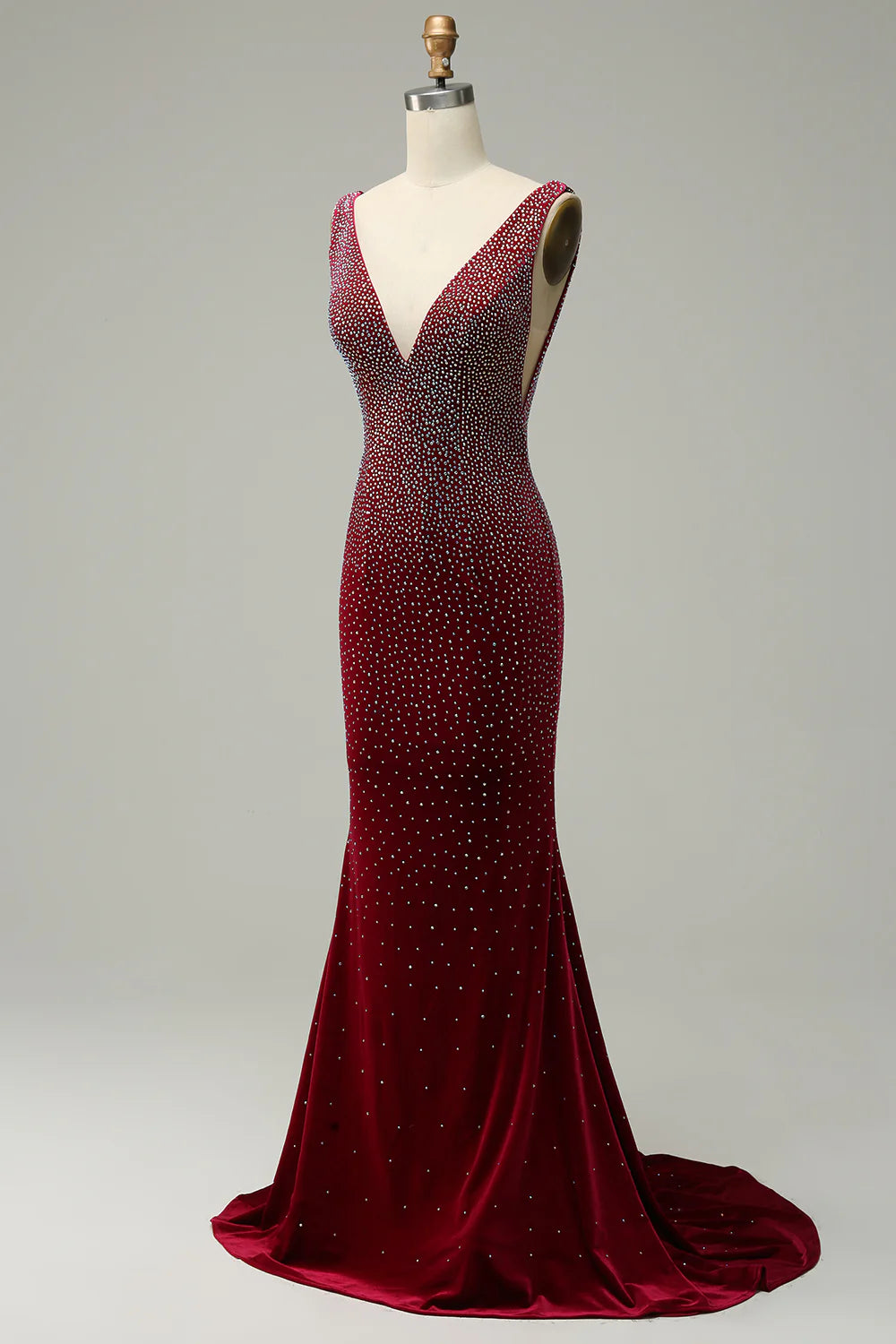 Sexy and elegant deep V-neck Burgundy long ball dress with beads