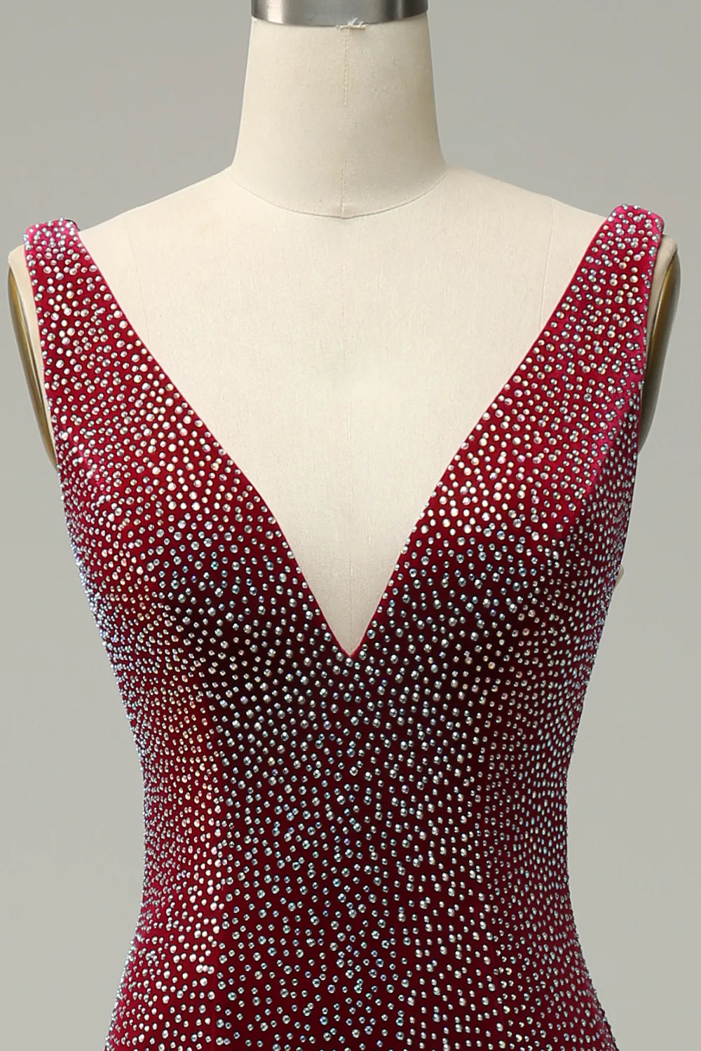 Sexy and elegant deep V-neck Burgundy long ball dress with beads
