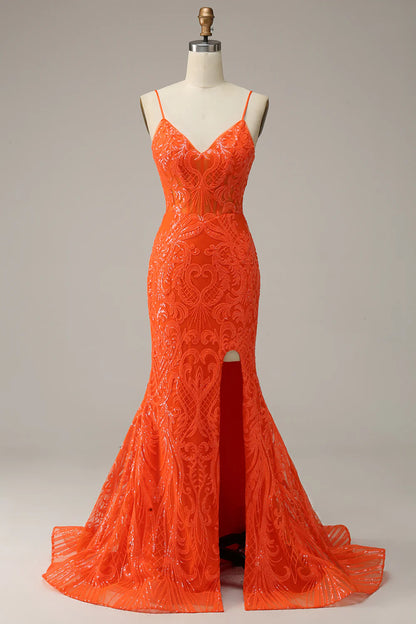 Elegant Mermaid Italian Noodle Strap Orange Split Long Ball Dress