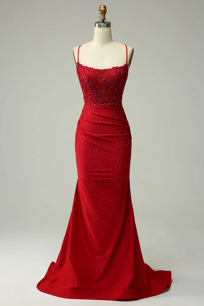 Beautiful Mermaid Halter Deep Red Ball Dress with Garnish