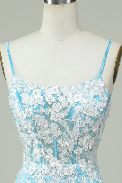 Light Blue Sheath Spaghetti Straps Short Homecoming Dress