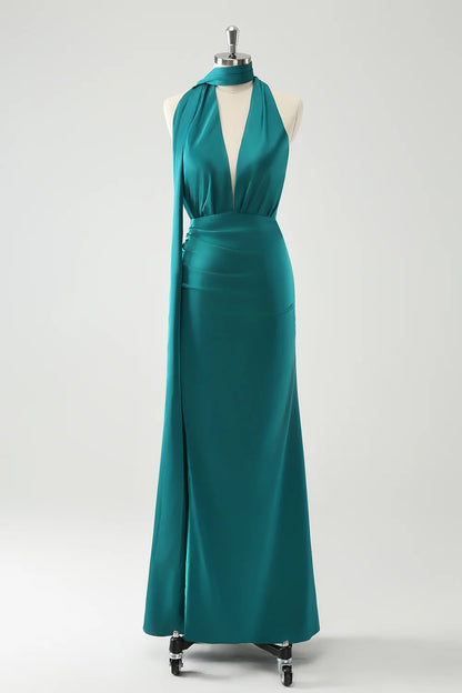 Peacock Mermaid Deep V Neck Pleated Long Bridesmaid Dress