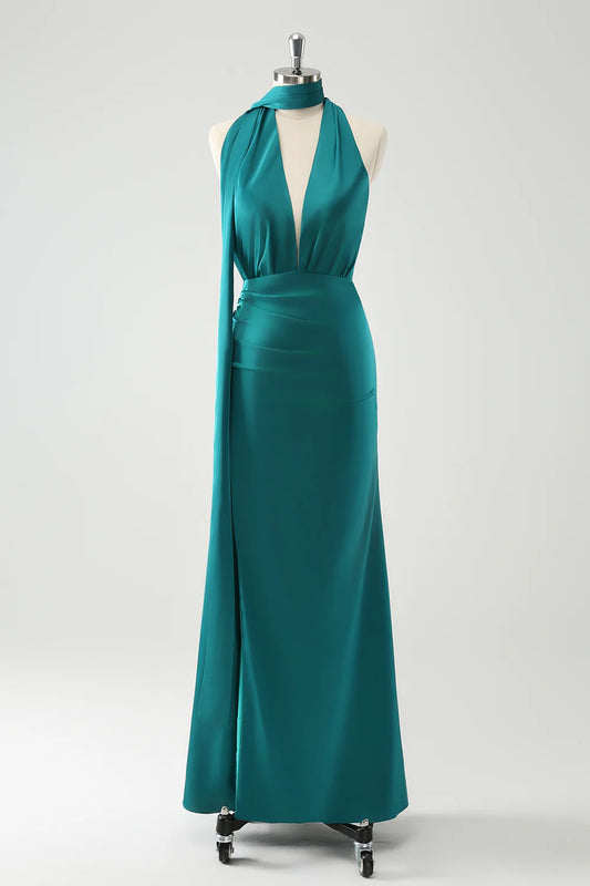 Peacock Mermaid Deep V Neck Pleated Long Bridesmaid Dress