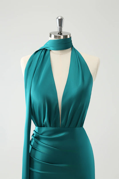 Peacock Mermaid Deep V Neck Pleated Long Bridesmaid Dress