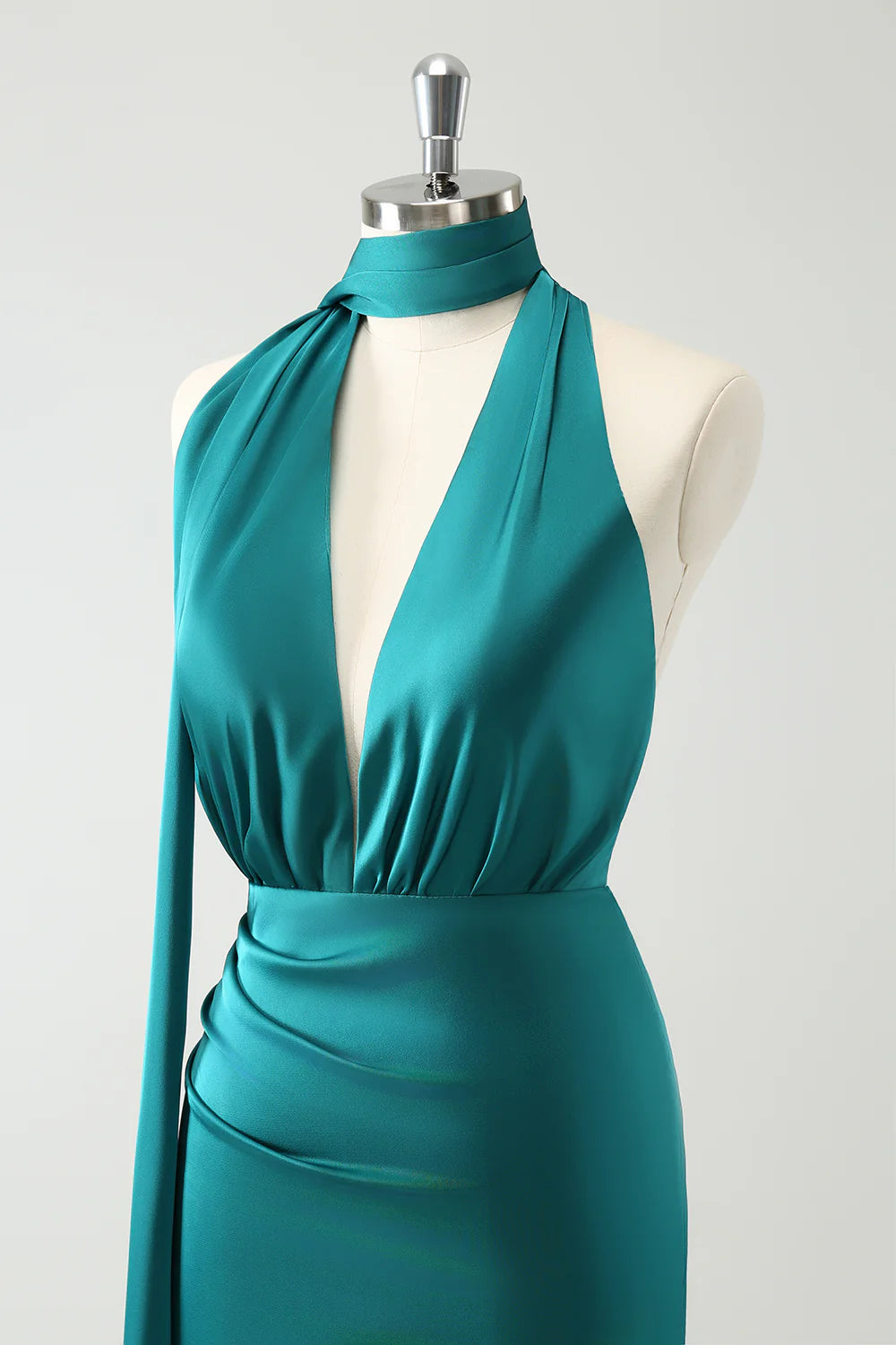 Peacock Mermaid Deep V Neck Pleated Long Bridesmaid Dress